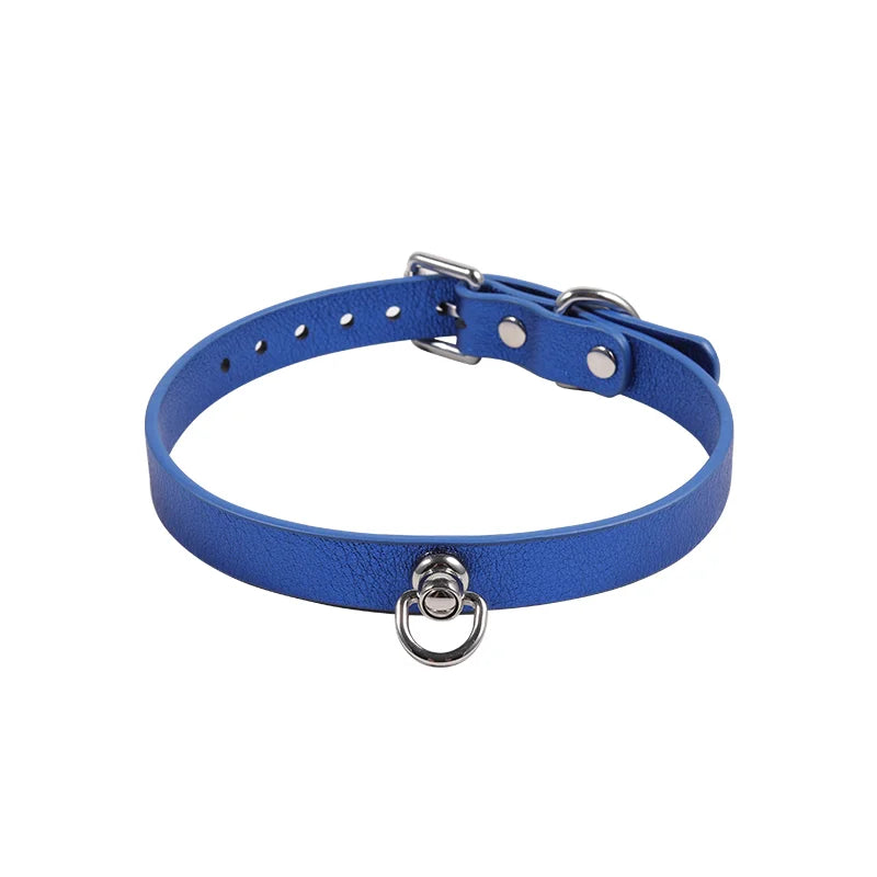 Silver Blue Shiny Leather BDSM Collars