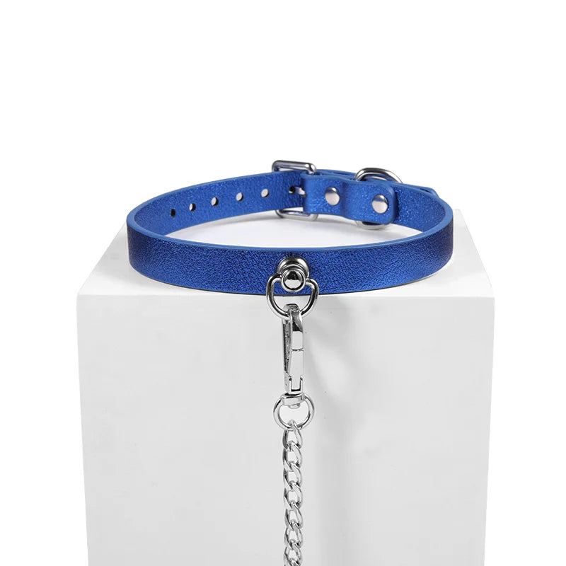 Silver Blue Shiny Leather BDSM Collars