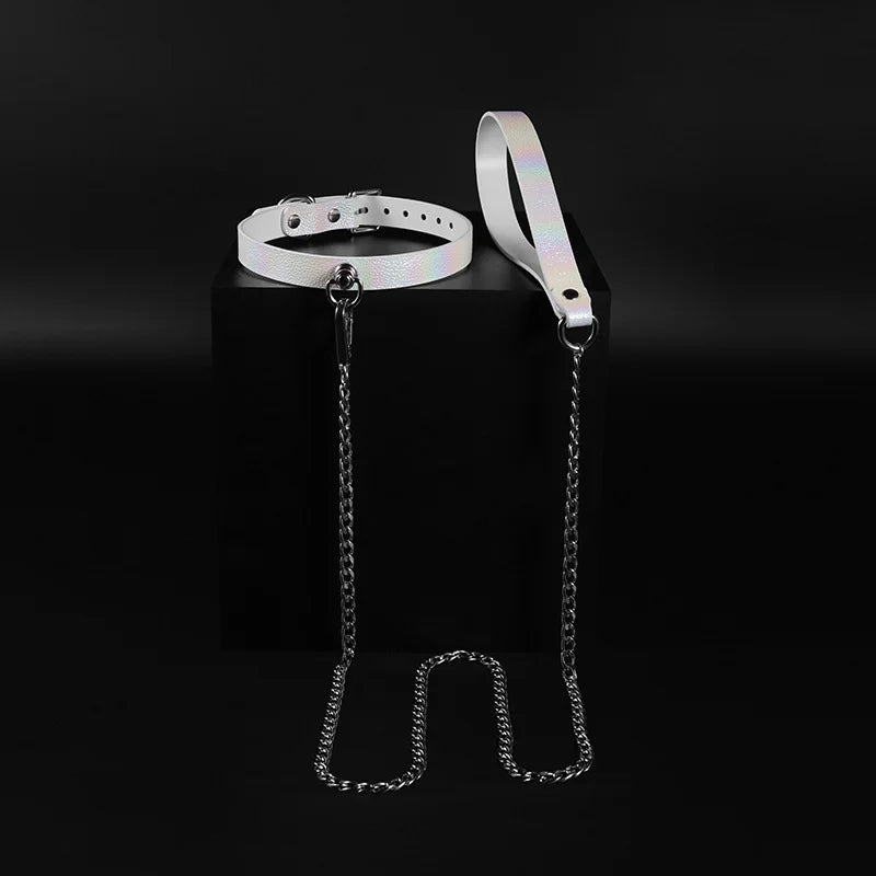 White Iridescent Textured Leather BDSM Choker