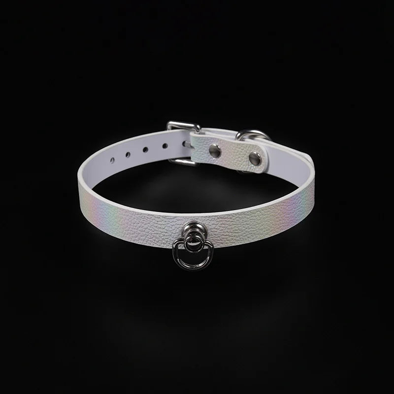 White Iridescent Textured Leather BDSM Choker