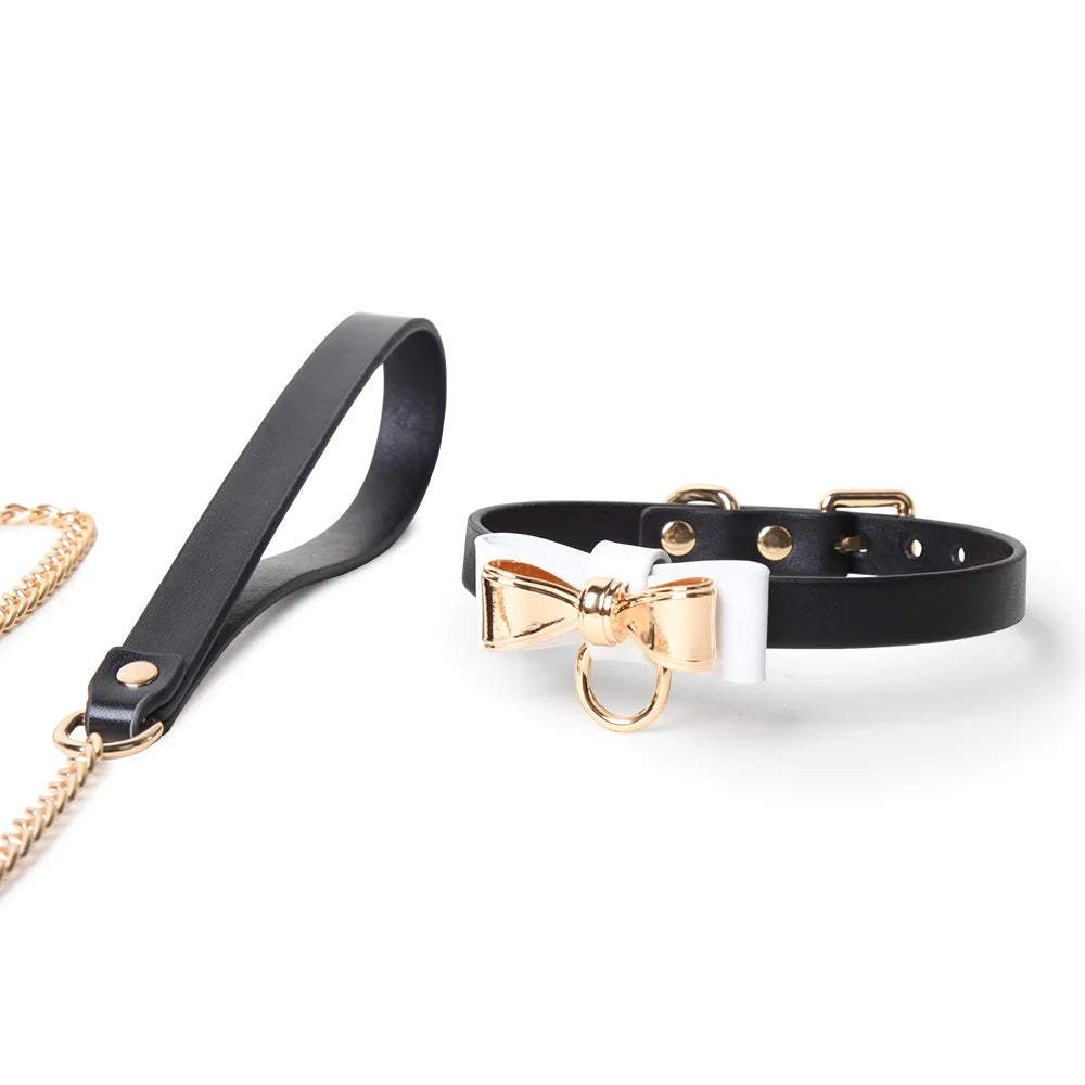 Leather Gold Bow Tie BDSM Collars