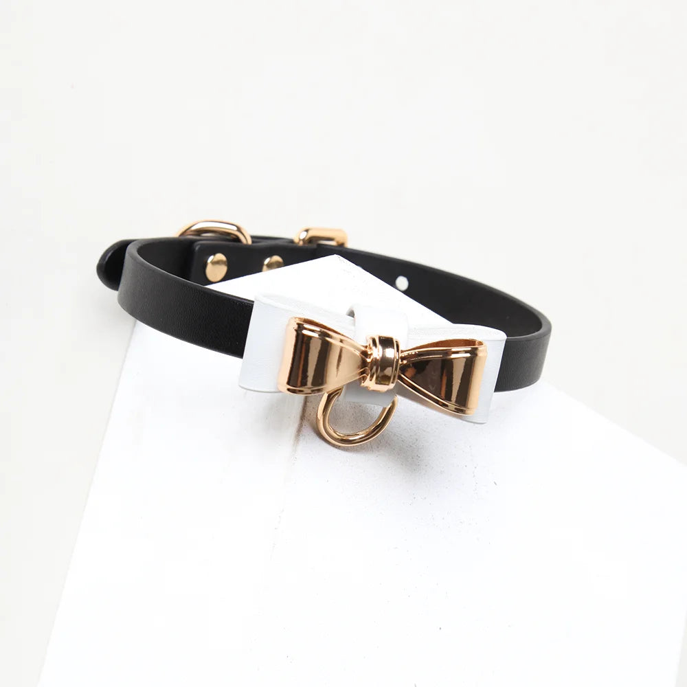 Leather Gold Bow Tie BDSM Collars