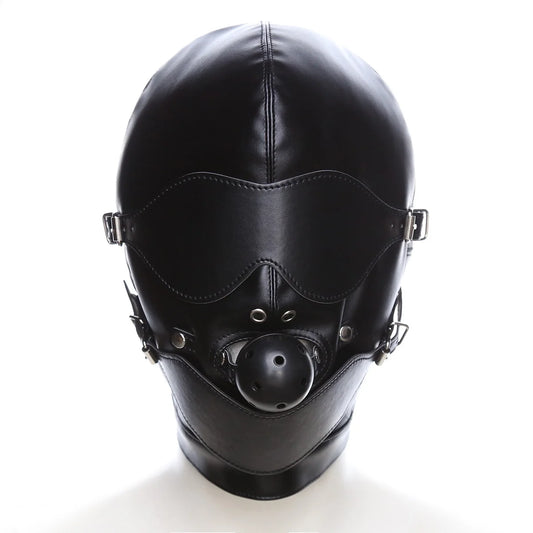 Pleather BDSM Hood with Ball Gag and Eye Mask