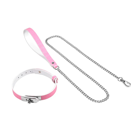 BDSM Collar - Pink Decorative Crocodile Leather