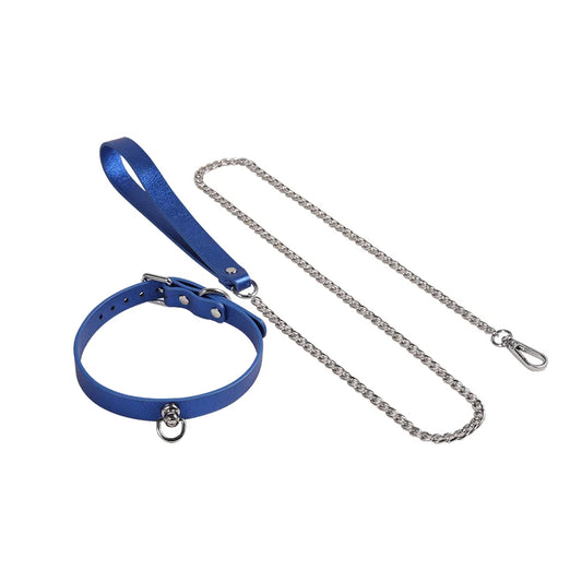 Silver-Blue Shiny Leather BDSM Collars