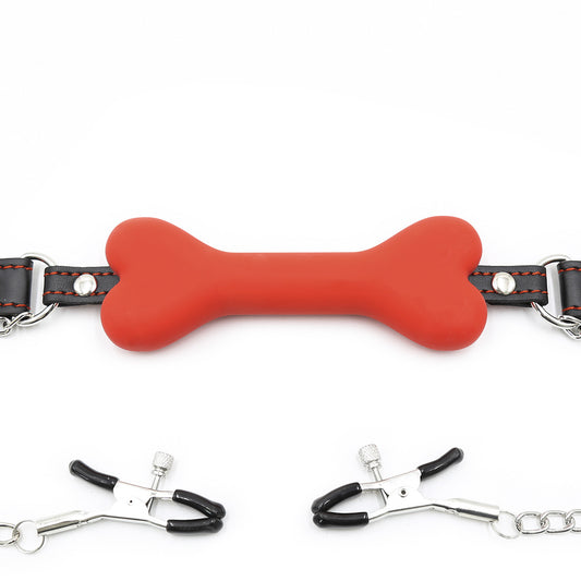 Bone Shaped Ball Gag with Nipple Clamps