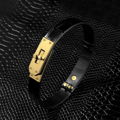 Black Crocodile Pattern Leather BDSM Collar with Gold Accents