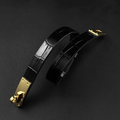 Black Crocodile Pattern Leather BDSM Collar with Gold Accents