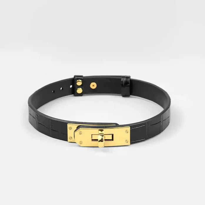 Black Crocodile Pattern Leather BDSM Collar with Gold Accents