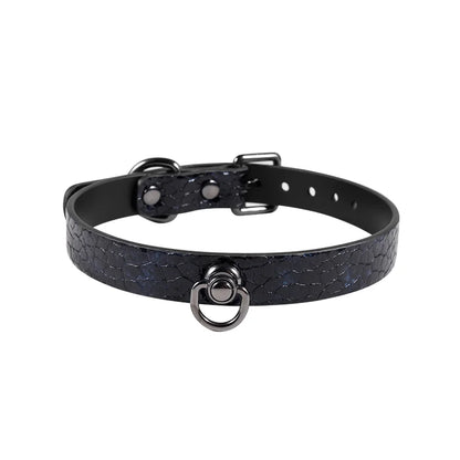 Black Crocodile Pattern Leather BDSM Collar with Gold Accents