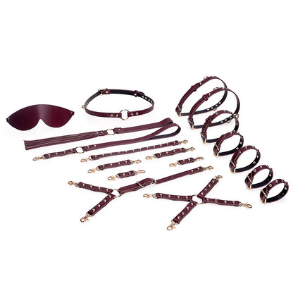 Burgundy Leather 13-Piece BDSM Bondage Kit with Studs