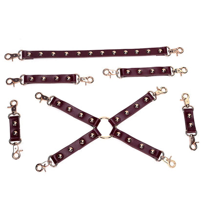 Burgundy Leather 13-Piece BDSM Bondage Kit with Studs