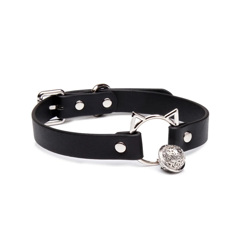 Leather BDSM Cat Bell Choker for Playful Women