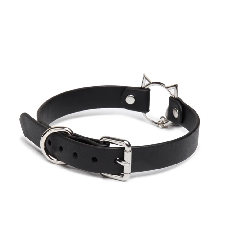 Leather BDSM Cat Bell Choker for Playful Women