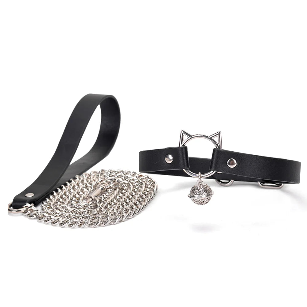 Leather BDSM Cat Bell Choker for Playful Women