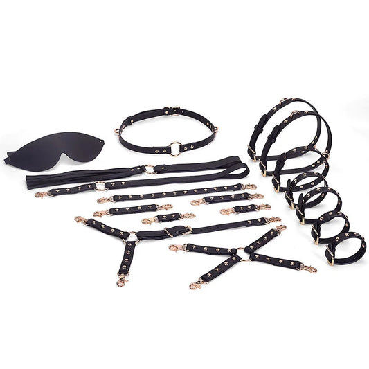 15-Piece Leather Black Male BDSM Bondage Gear with Gold Studs