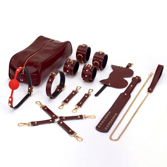 Black and Burgundy Leather BDSM Bondage Kits with Storage