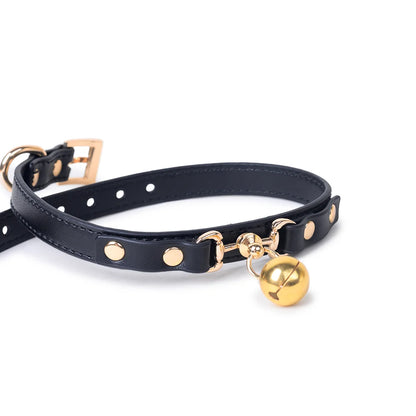 Leather Gold Bell BDSM Choker for Elegant Play