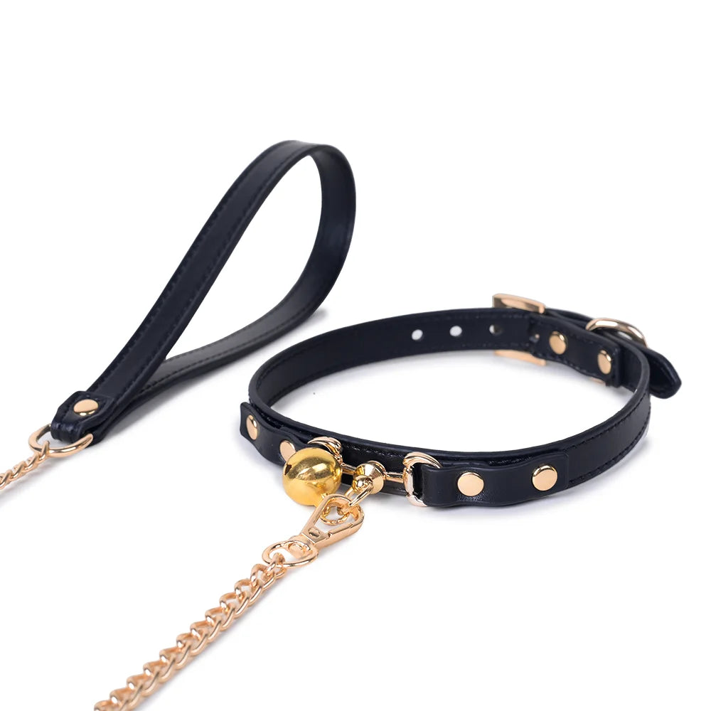 Leather Gold Bell BDSM Choker for Elegant Play