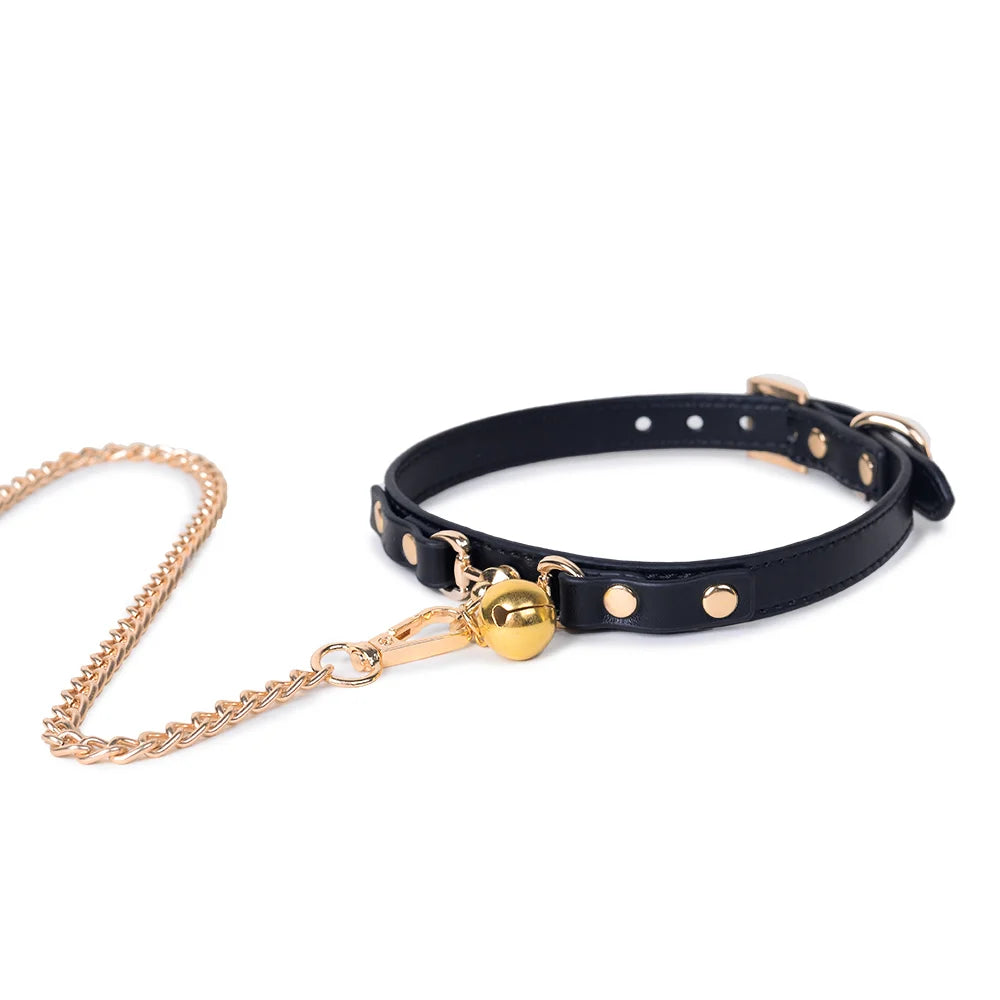 Leather Gold Bell BDSM Choker for Elegant Play