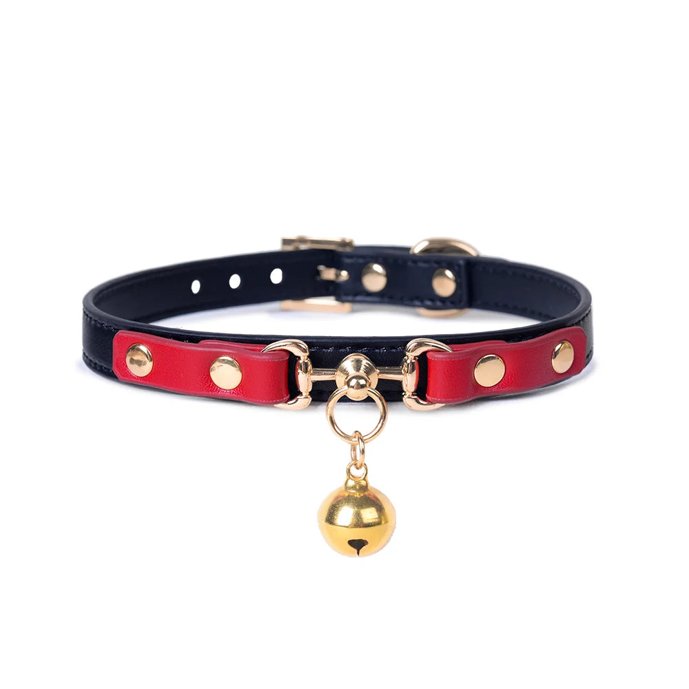 Leather Gold Bell BDSM Choker for Elegant Play