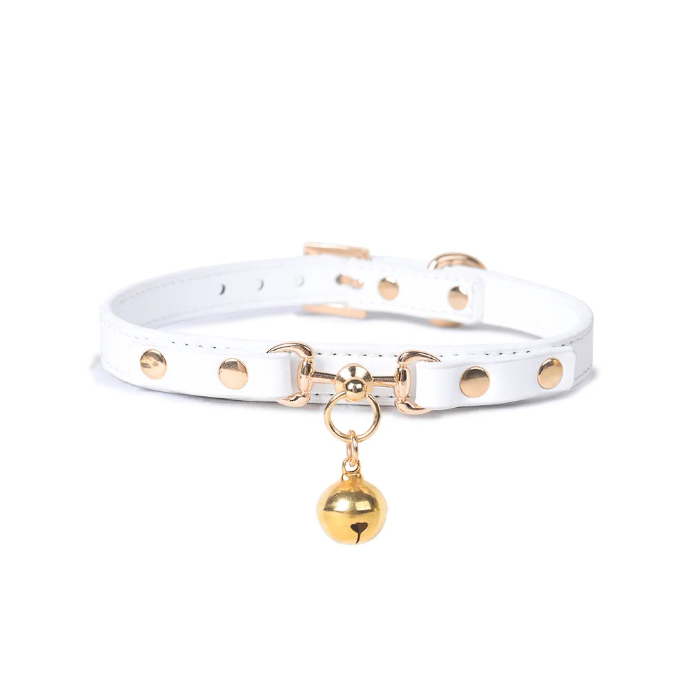 Leather Gold Bell BDSM Choker for Elegant Play