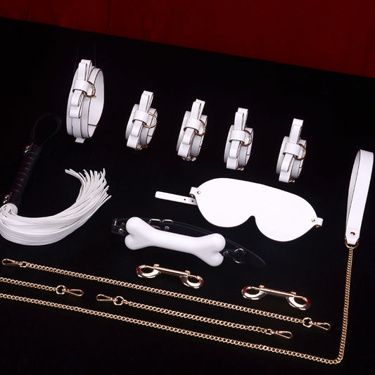 11 Piece Handcrafted White BDSM Bondage Gear with Bow