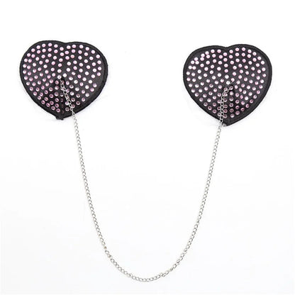 Heart-Shaped Rhinestone Nipple Stickers with Dazzling Metal Chain