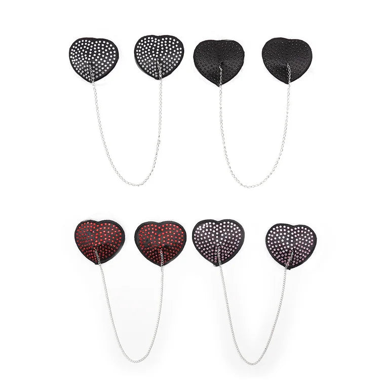 Heart-Shaped Rhinestone Nipple Stickers with Dazzling Metal Chain