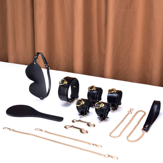 Black Leather BDSM Bondage Gear with Gold Ring Pulls