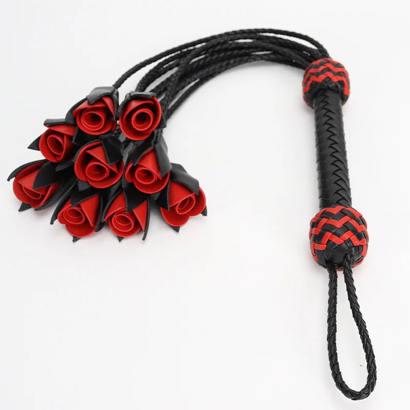 Leather BDSM Spank Toy Floggers with Rose Flower Tassels