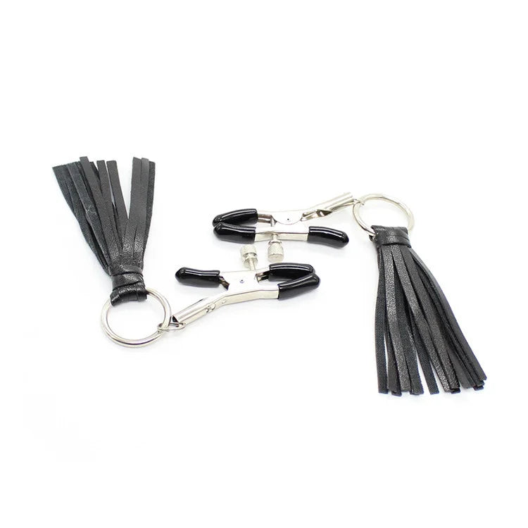 Metal and Leather Fringe Nipple Clamps for BDSM Bondage