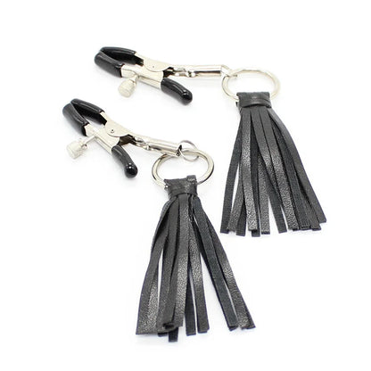 Metal and Leather Fringe Nipple Clamps for BDSM Bondage