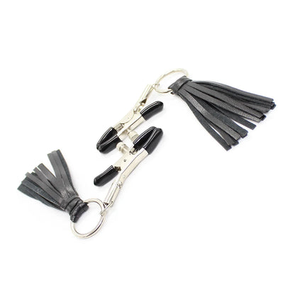 Metal and Leather Fringe Nipple Clamps for BDSM Bondage