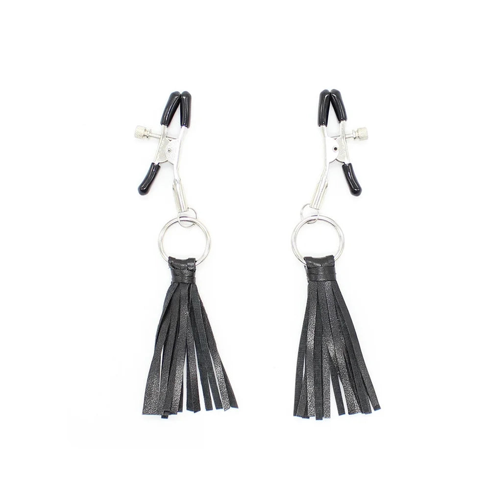 Metal and Leather Fringe Nipple Clamps for BDSM Bondage