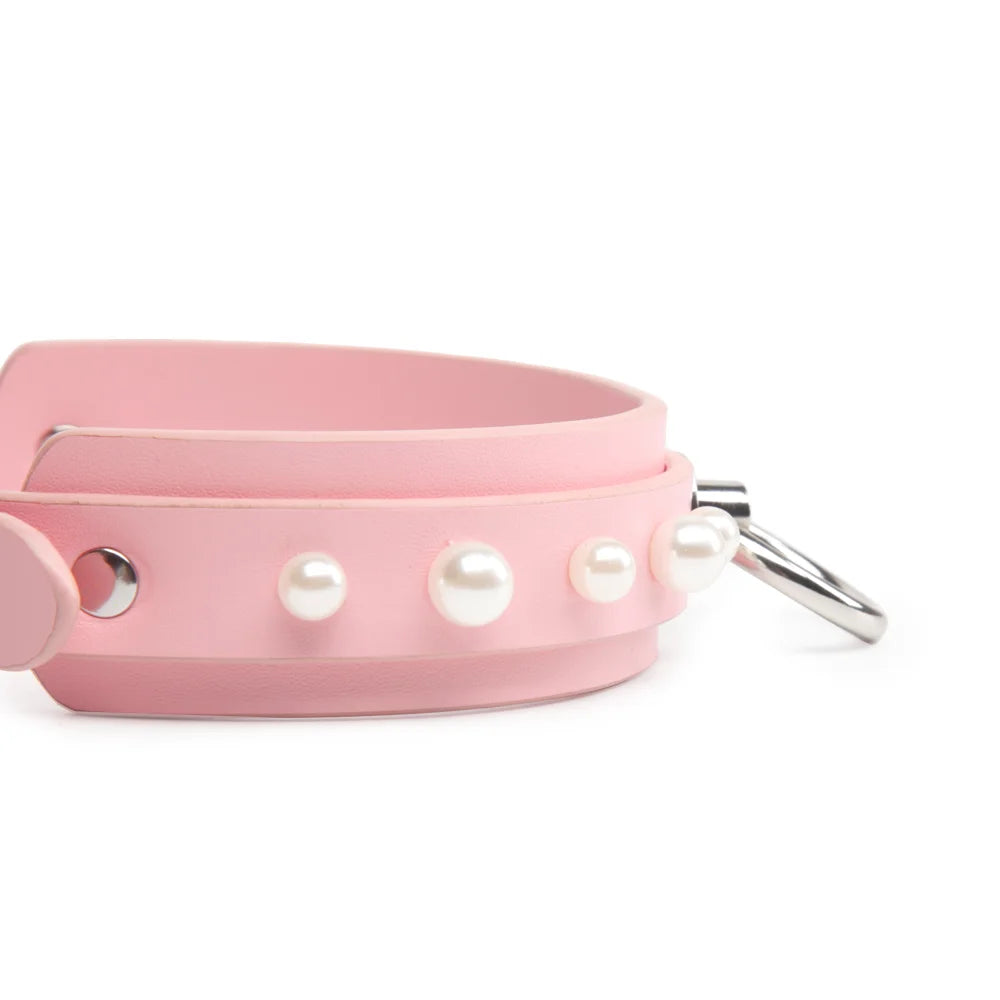 Pink Pearl Leather BDSM Choker for Sensory Play