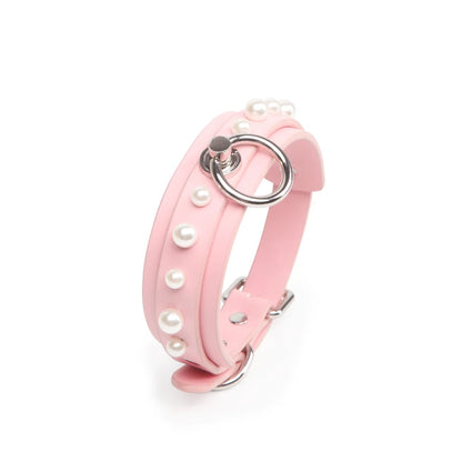 Pink Pearl Leather BDSM Choker for Sensory Play