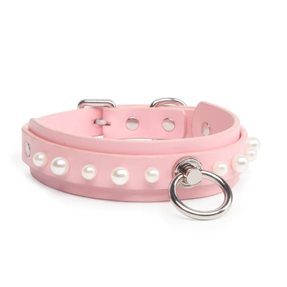 Pink Pearl Leather BDSM Choker for Sensory Play