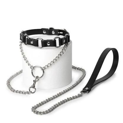 BDSM Leather Choker with Punk Metal Ring for Bold Players