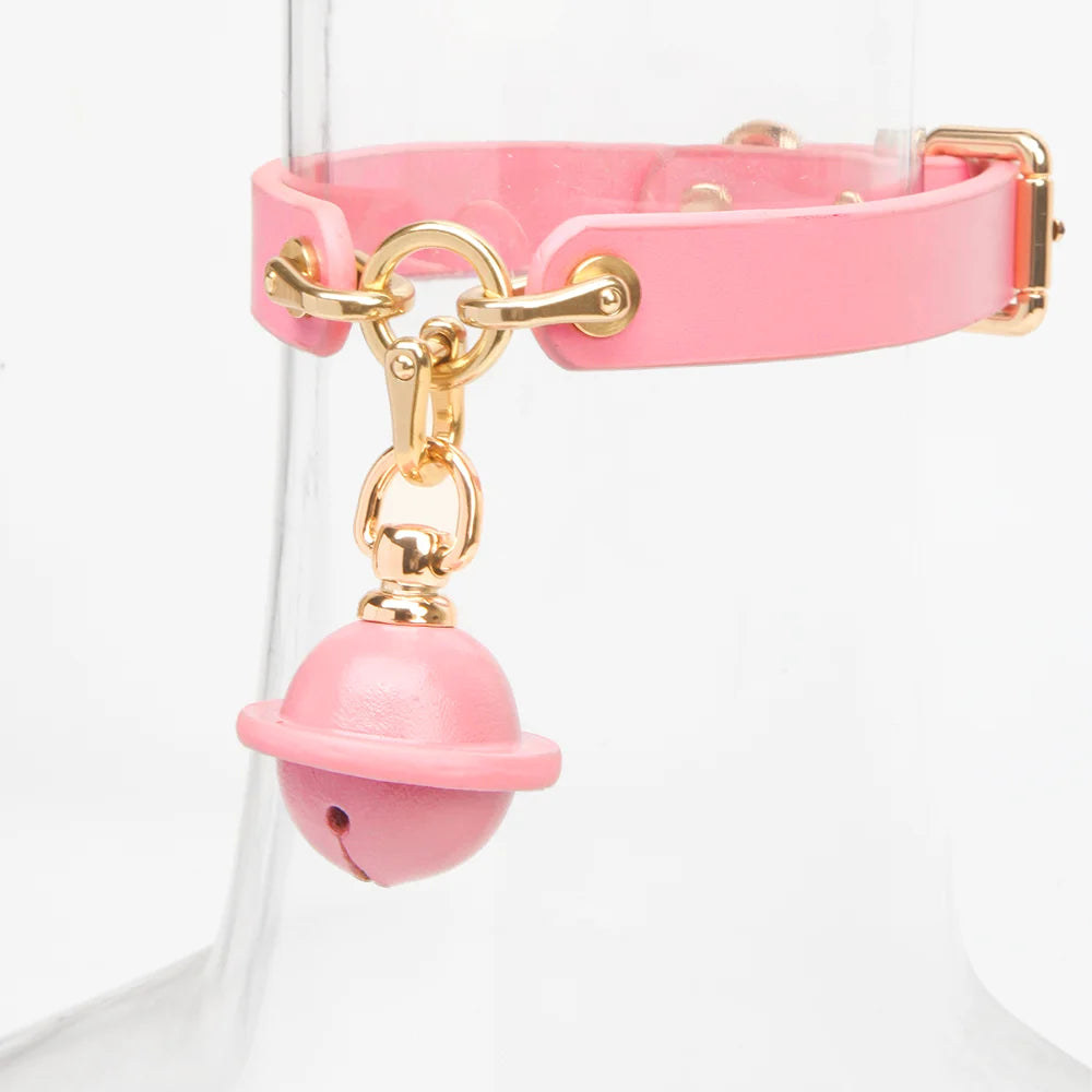 Leather Textured Pink Bell Pendant BDSM Choker