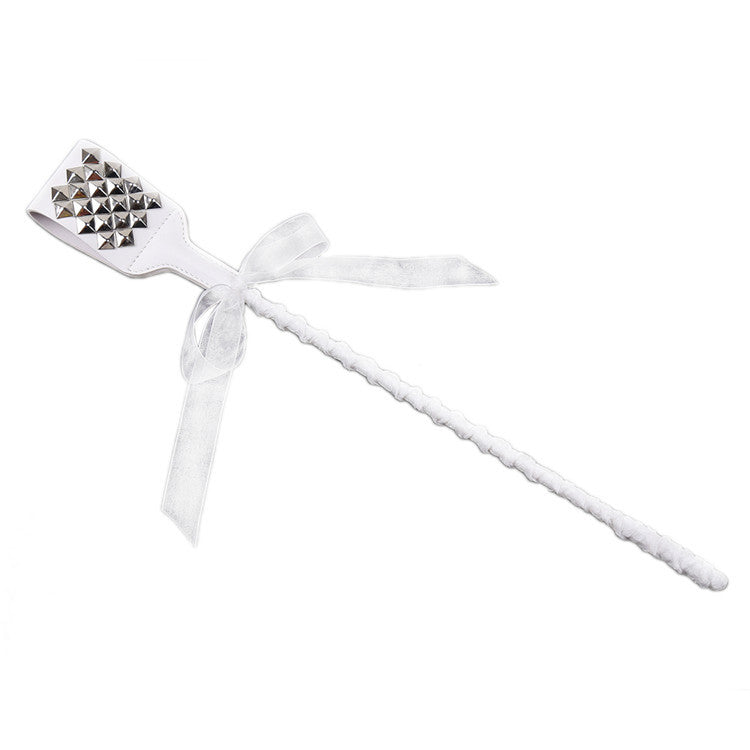 Studded White Ribbon Riding Crop for Elegant Spanking